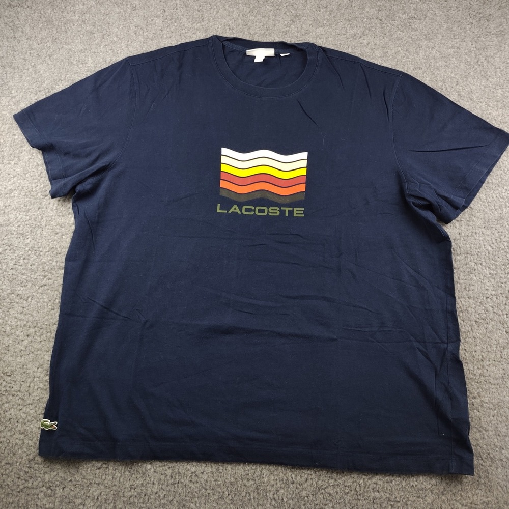 Lacoste Cotton T-Shirt Mens 3XL Regular Fit Navy Blue Wavy Graphic EUC